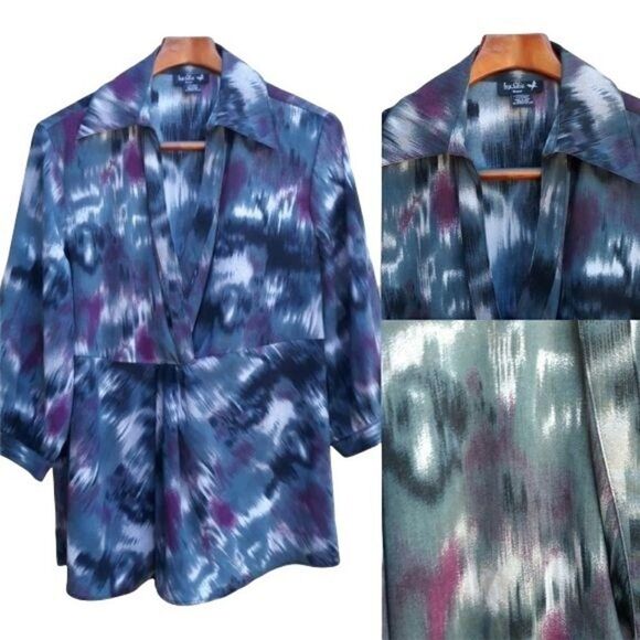 Retro 70's Wing Collar Surplice Long Sleeve Tunic Top Blurred Brushstroke Sz 1X - Picture 2 of 8